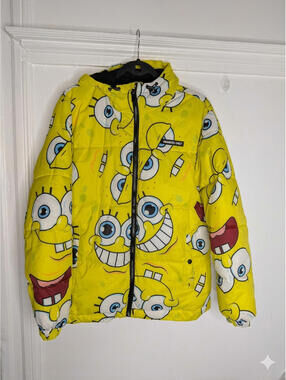 Members Only Jacket Mens Small Yellow SpongeBob Nickelodeon Puffer Hooded